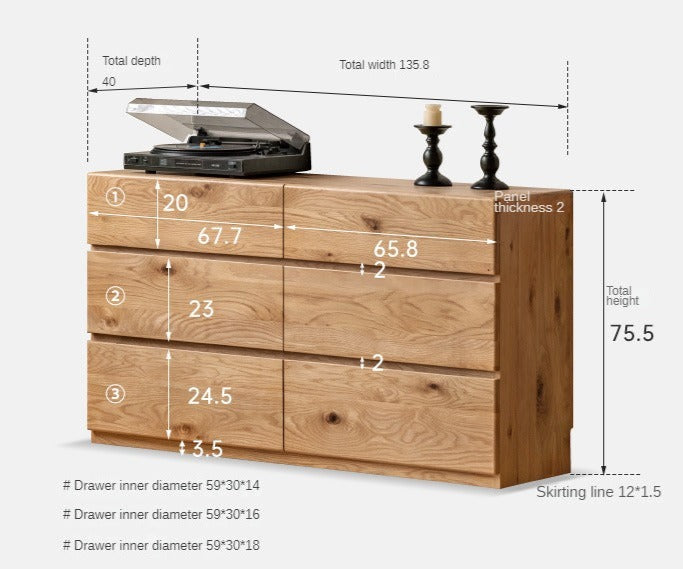 White Oak solid wood wabi-sabi style six-drawer cabinet