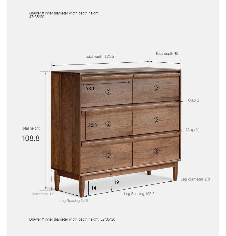 Black Walnut Solid Wood Six Drawers Dresser