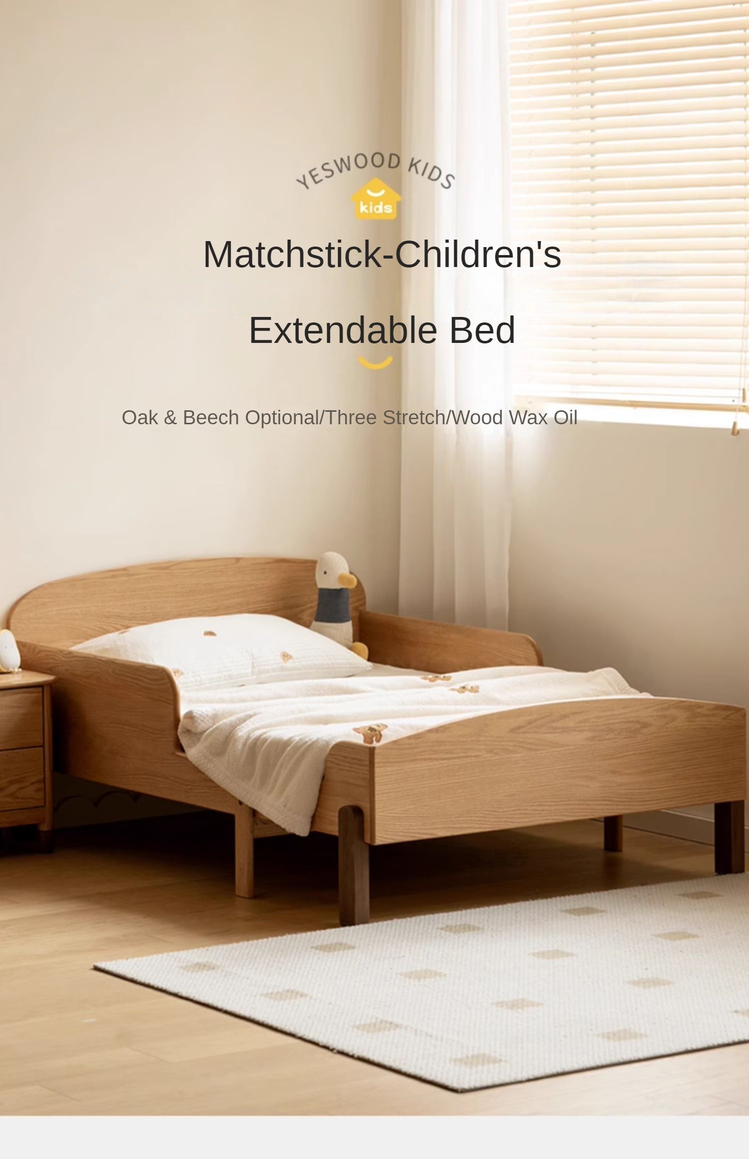 Oak, Beech solid wood Telescopic Toddler Bed from 57 in (145 cm) to 80.7 in (205 cm)<