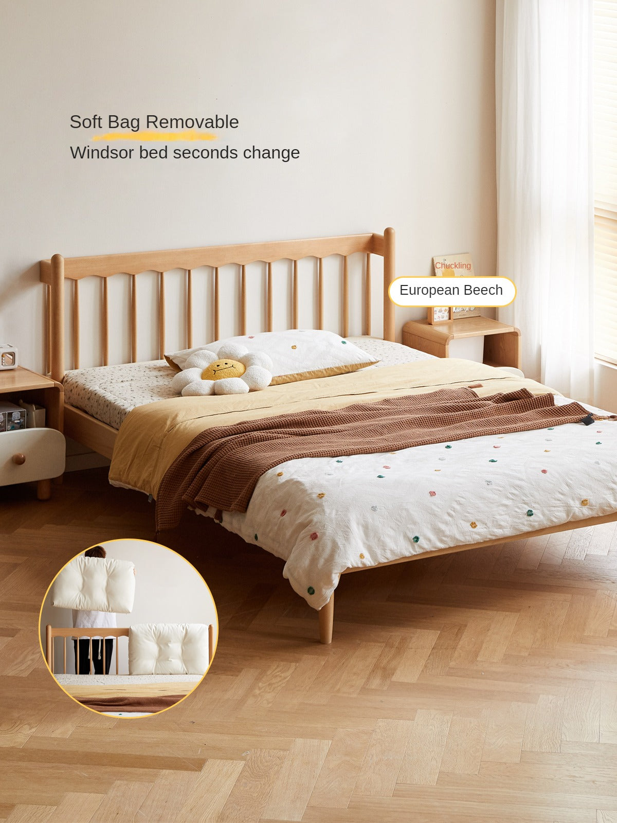 Beech Solid Wood Children's bed with organic leather<