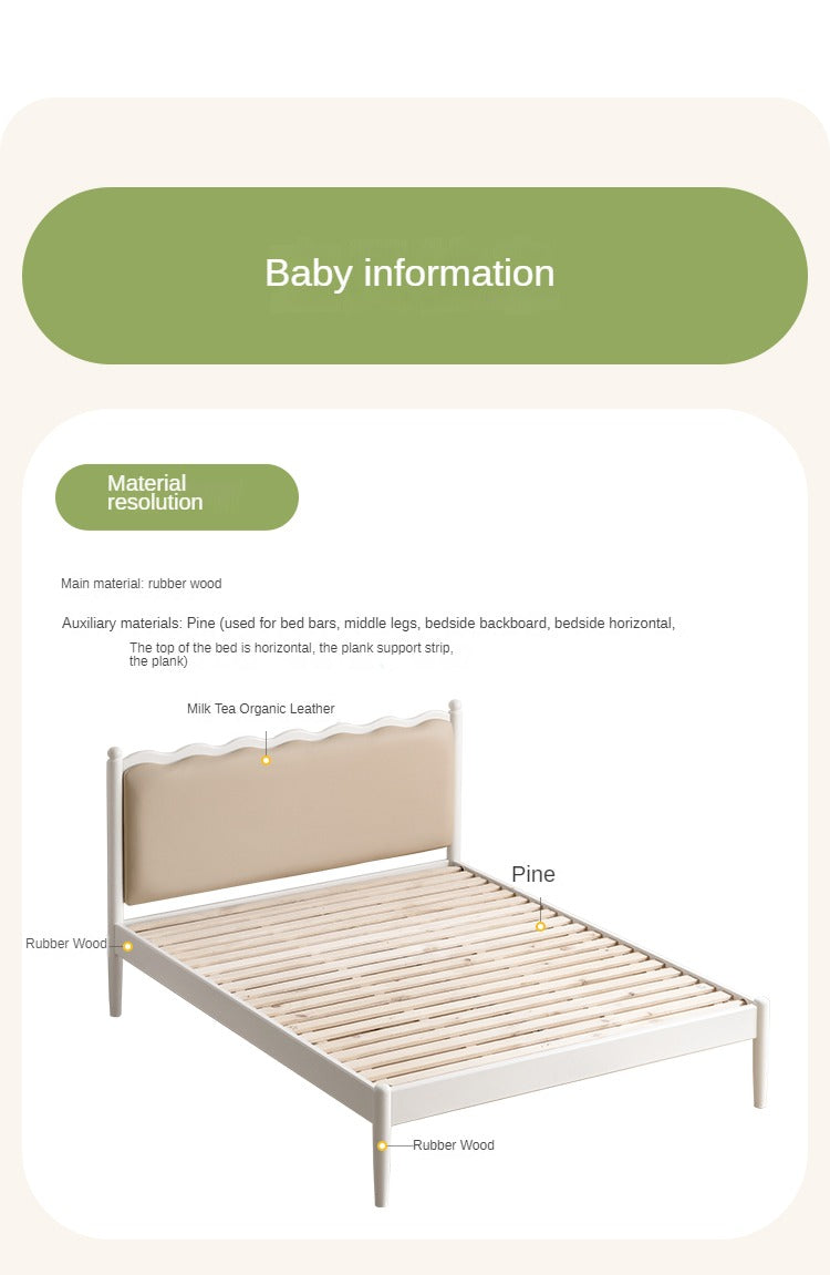 Rubber Wood Children's Bed with organic leather Cream Style.