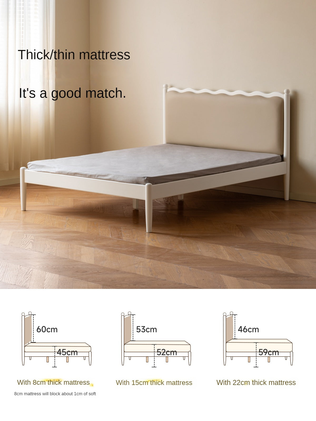 Rubber Wood Children's Bed with organic leather Cream Style.