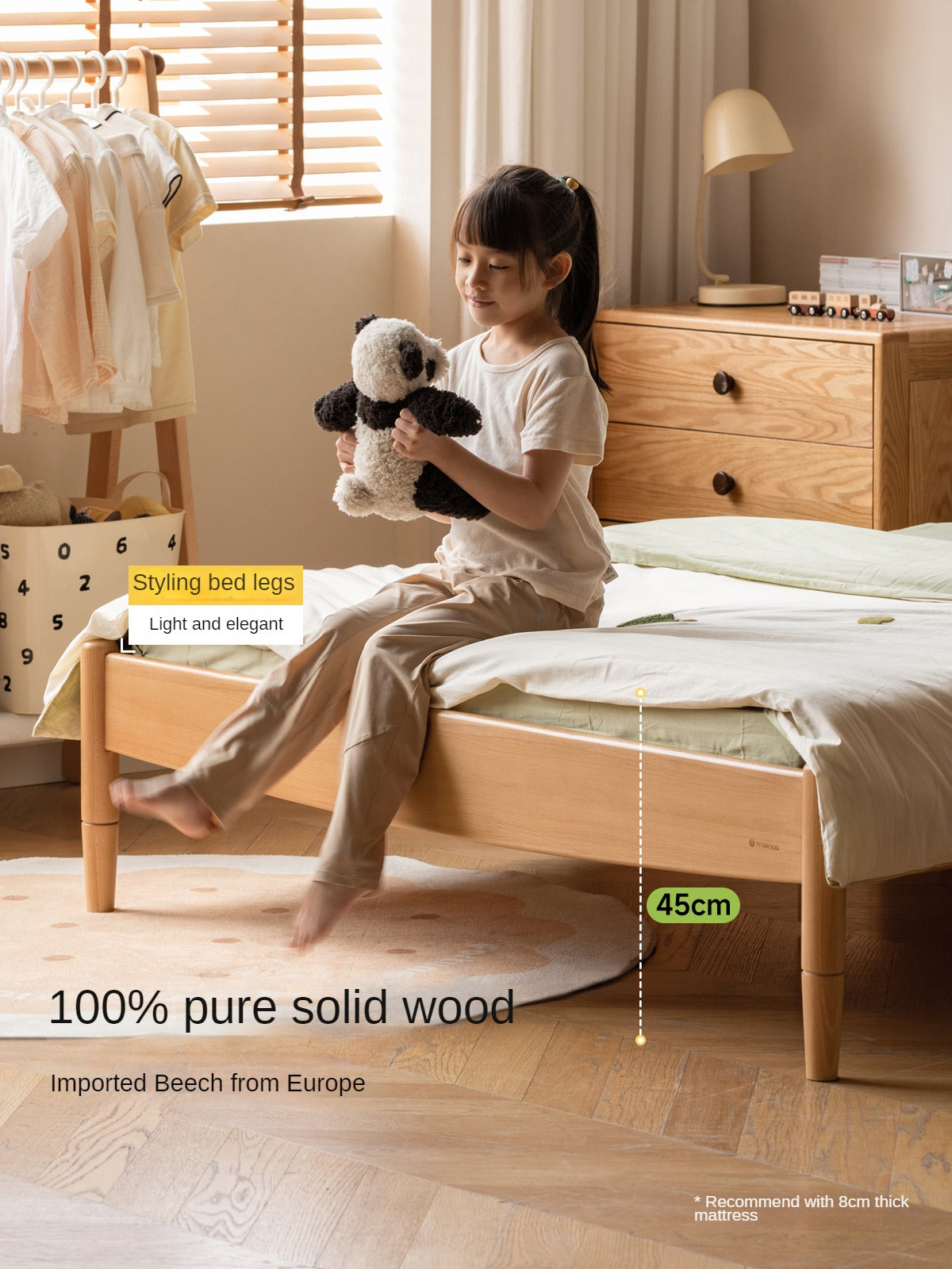 Beech Solid Wood with organic leather Modern Children's Girl Princess Bed<