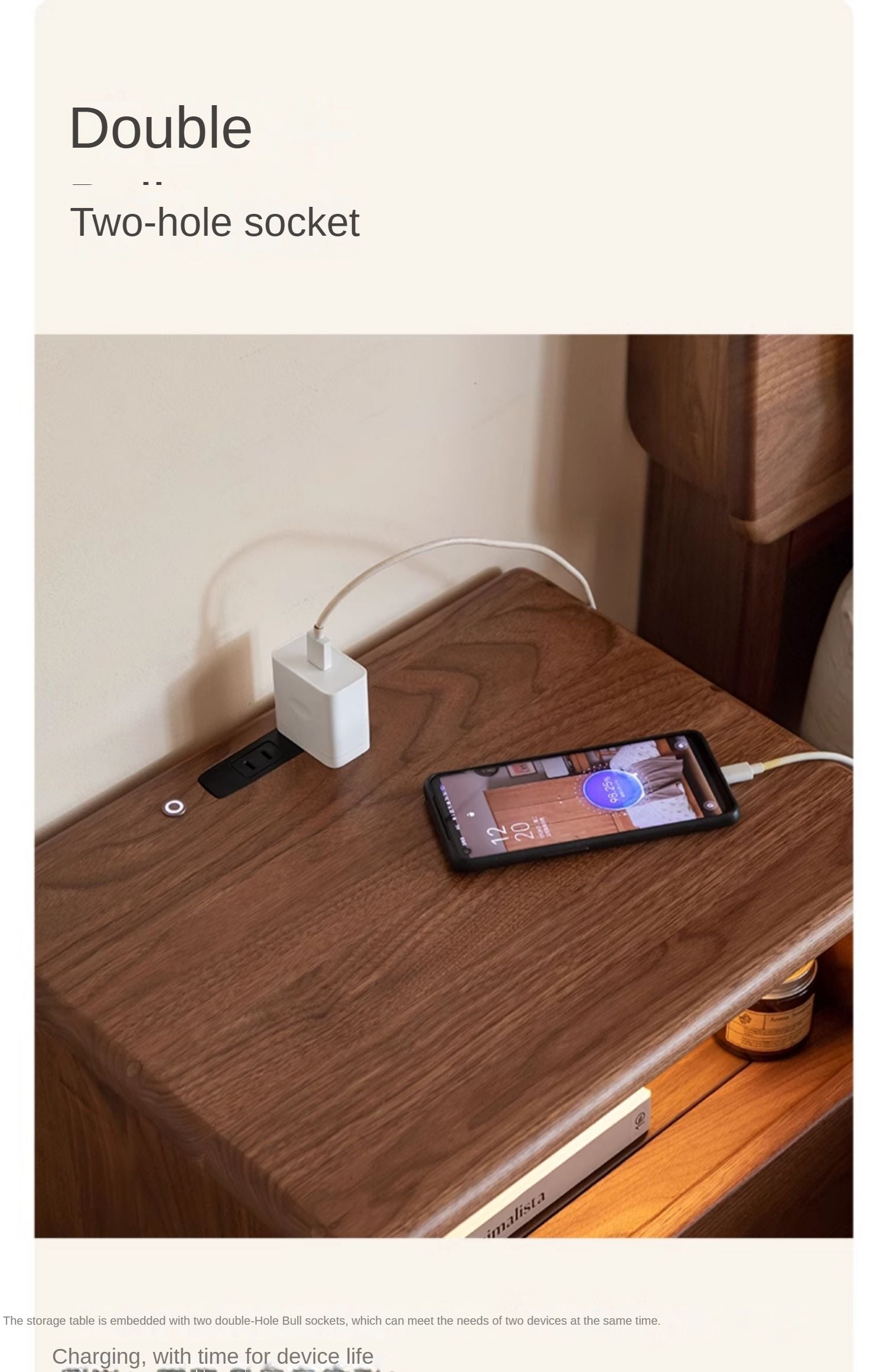 Black walnut, Ash solid wood bedside table with light drawer storage cabinet