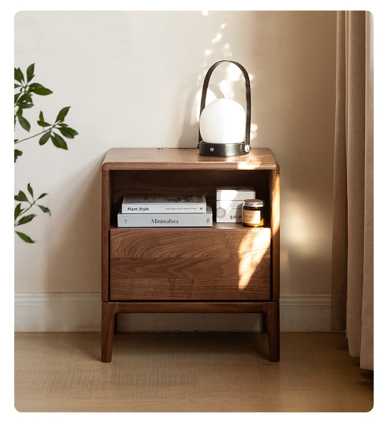 Black walnut, Ash solid wood bedside table with light drawer storage cabinet