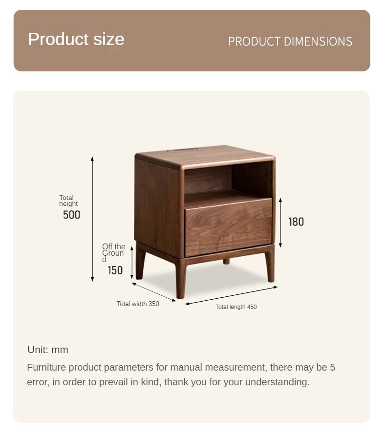 Black walnut, Ash solid wood bedside table with light drawer storage cabinet