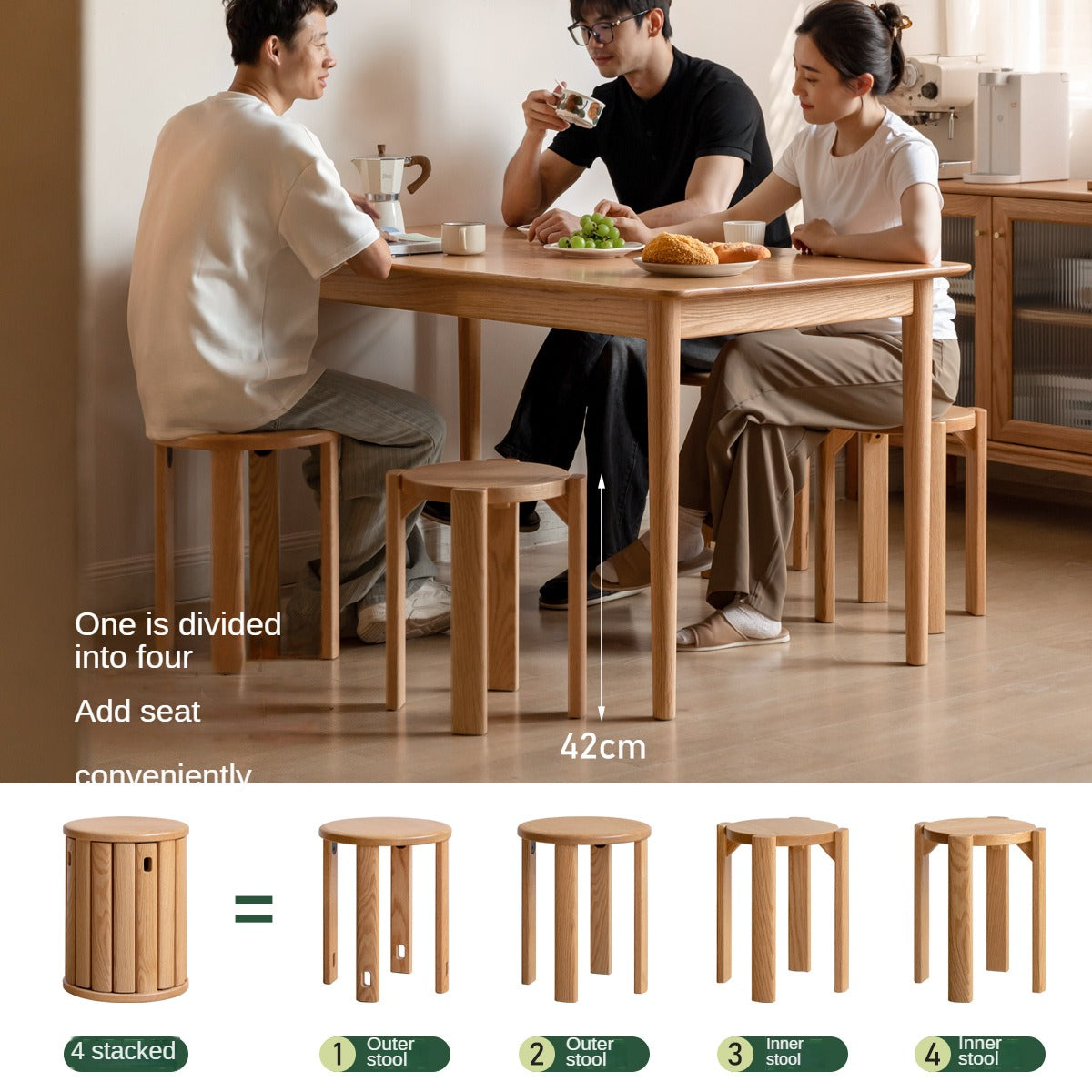 4 pcs Oak Solid Wood stackable Dining  stool