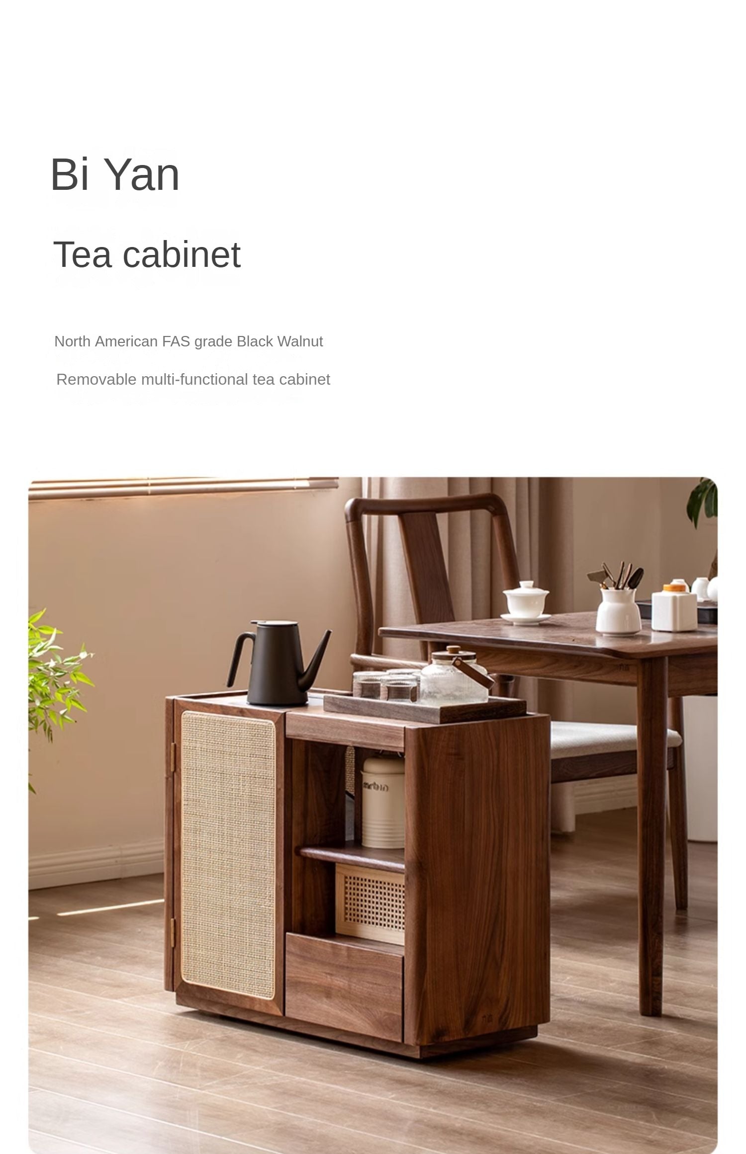 Black Walnut, Oak, Ash Solid Wood Mobile Tea Cabinet