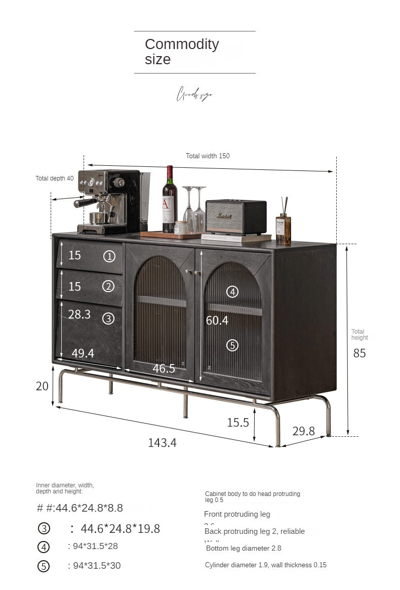 Oak Solid Wood French Retro Sideboard Black Glass,