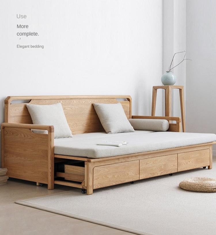 Ash solid wood retractable multifunctional box sofa bed: