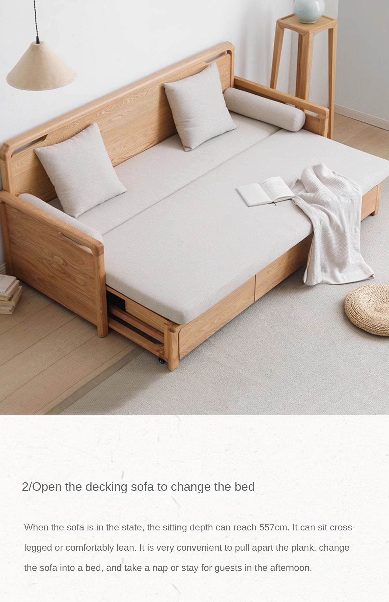 Ash solid wood retractable multifunctional box sofa bed: