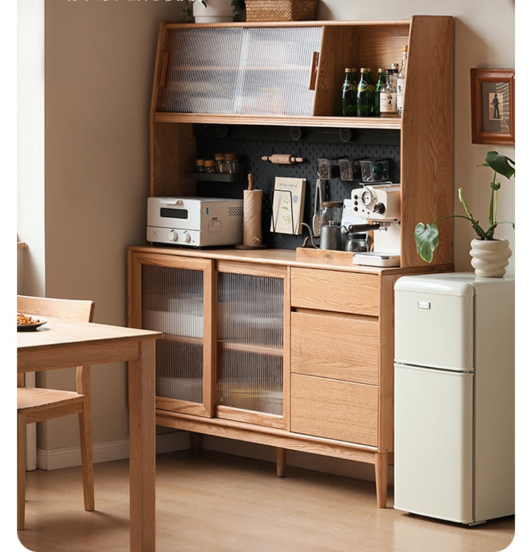 Oak solid wood modern dining sideboard against the wall,