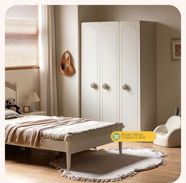 Pine Solid Wood White Cream Children's Wardrobe: