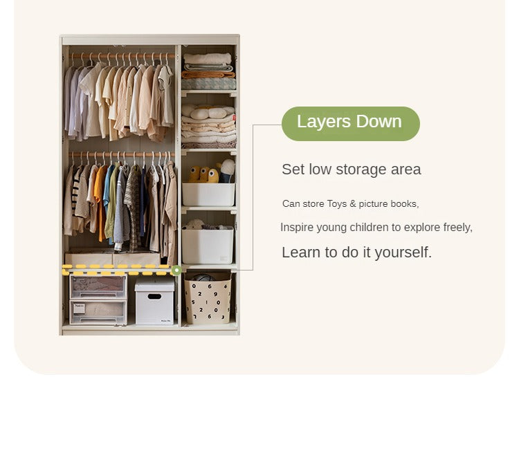 Pine Solid Wood White Cream Children's Wardrobe: