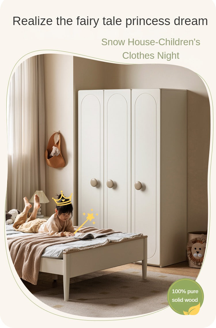 Pine Solid Wood White Cream Children's Wardrobe