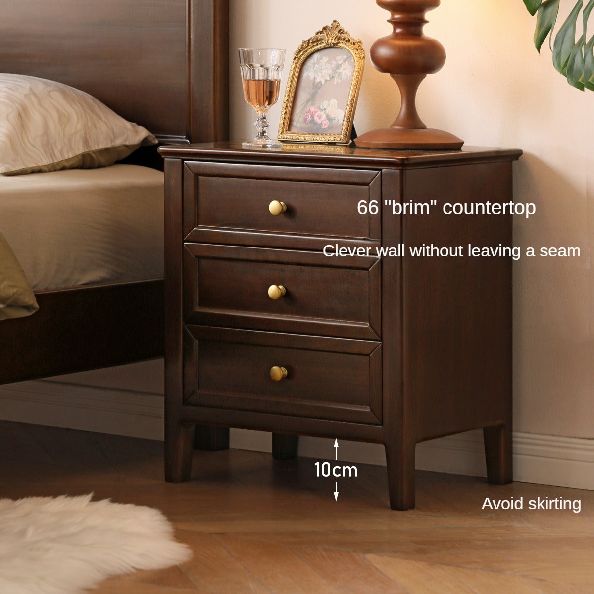 Poplar Solid Wood Retro Three-drawer Bedside Table ,