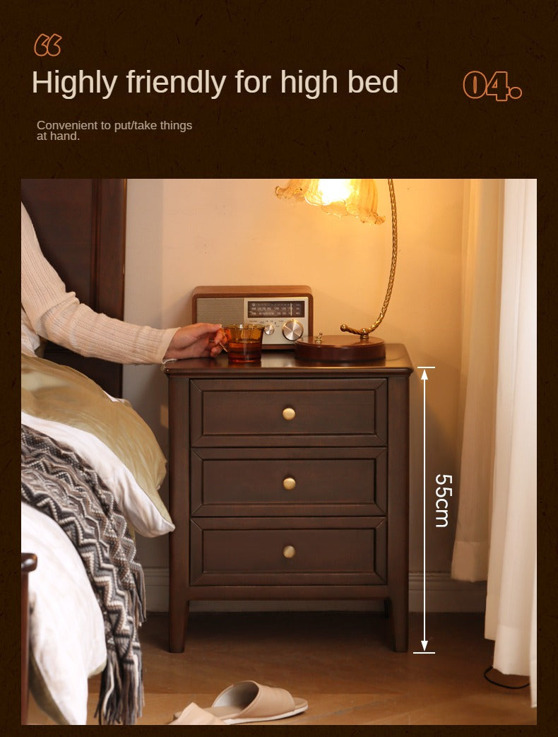 Poplar Solid Wood Retro Three-drawer Bedside Table ,