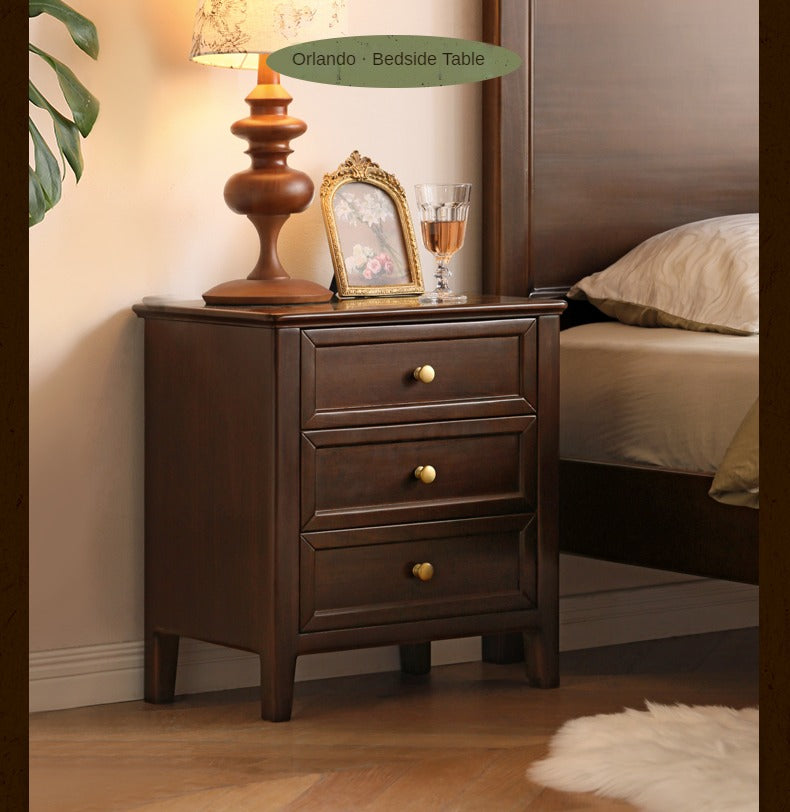 Poplar Solid Wood Retro Three-drawer Bedside Table ,