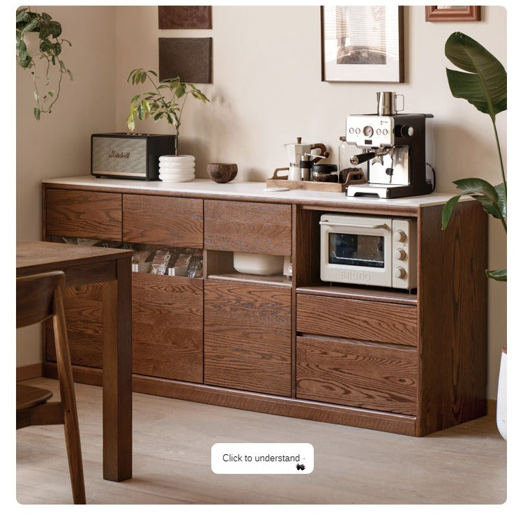 Oak solid wood dining storage sideboard against the wall,