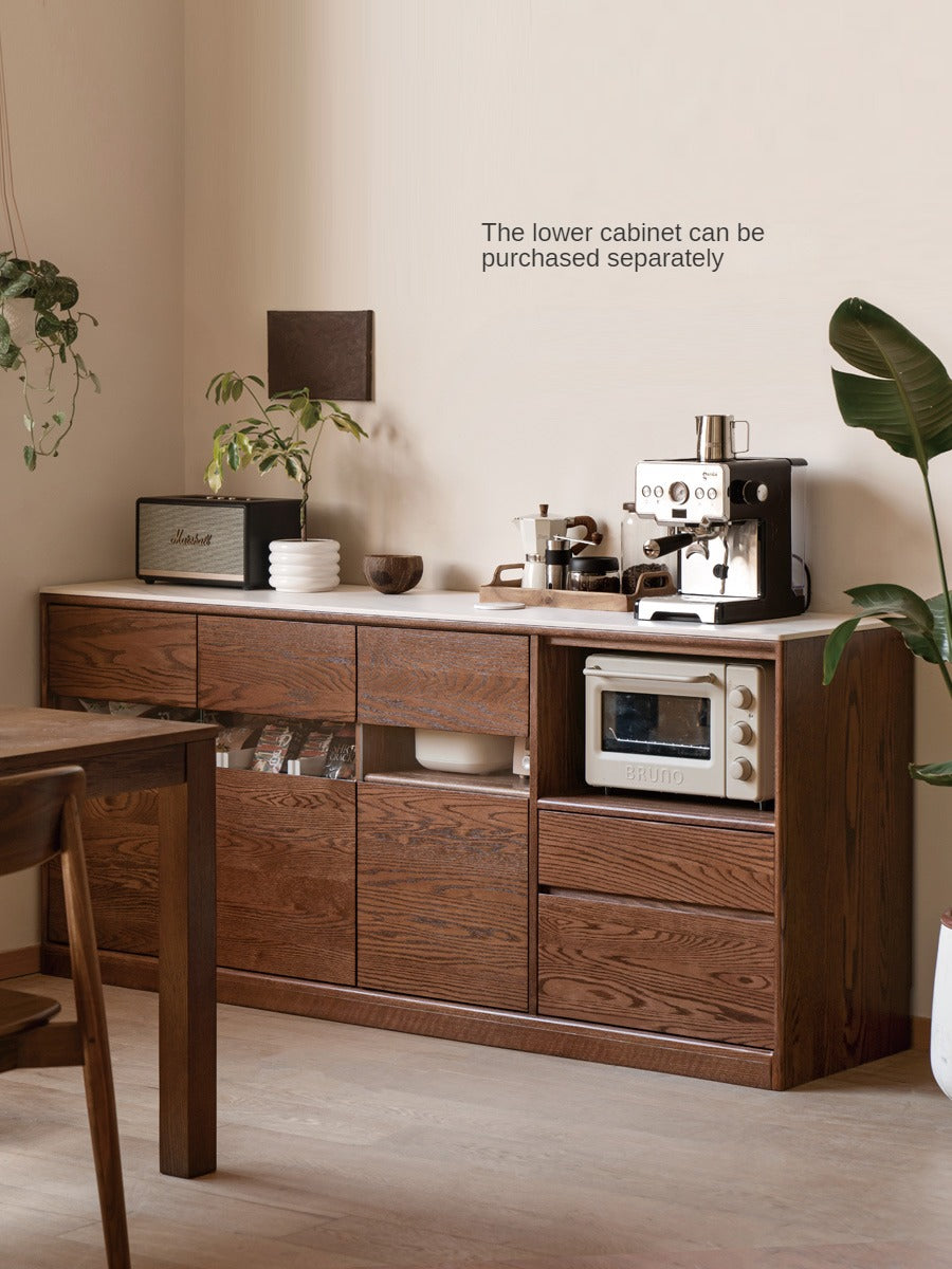 Oak solid wood dining storage sideboard against the wall,