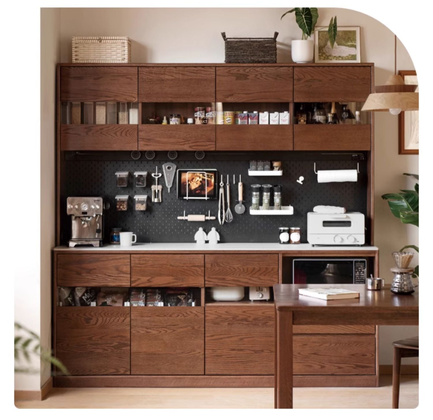 Oak solid wood dining storage sideboard against the wall,