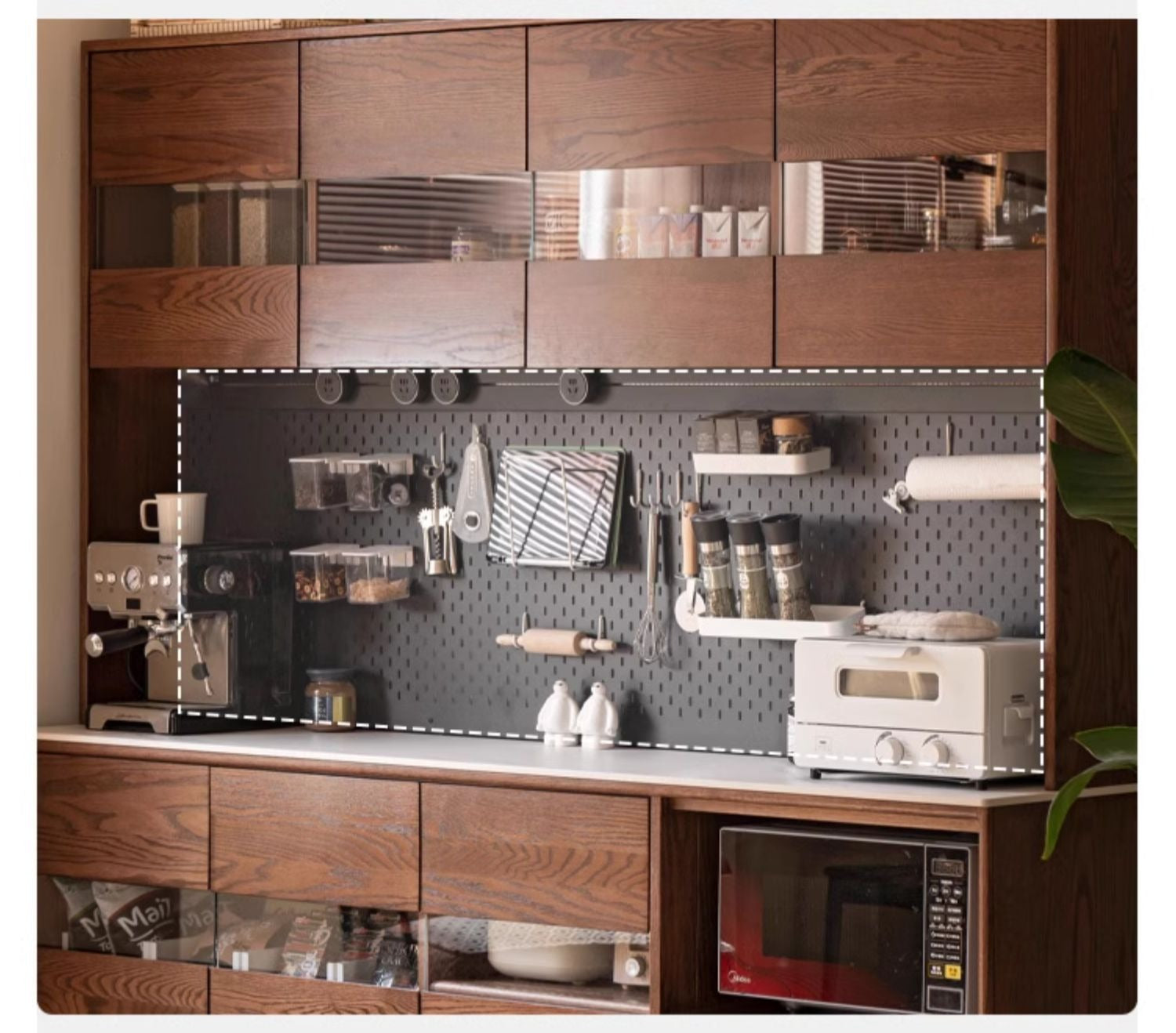 Oak solid wood dining storage sideboard against the wall,