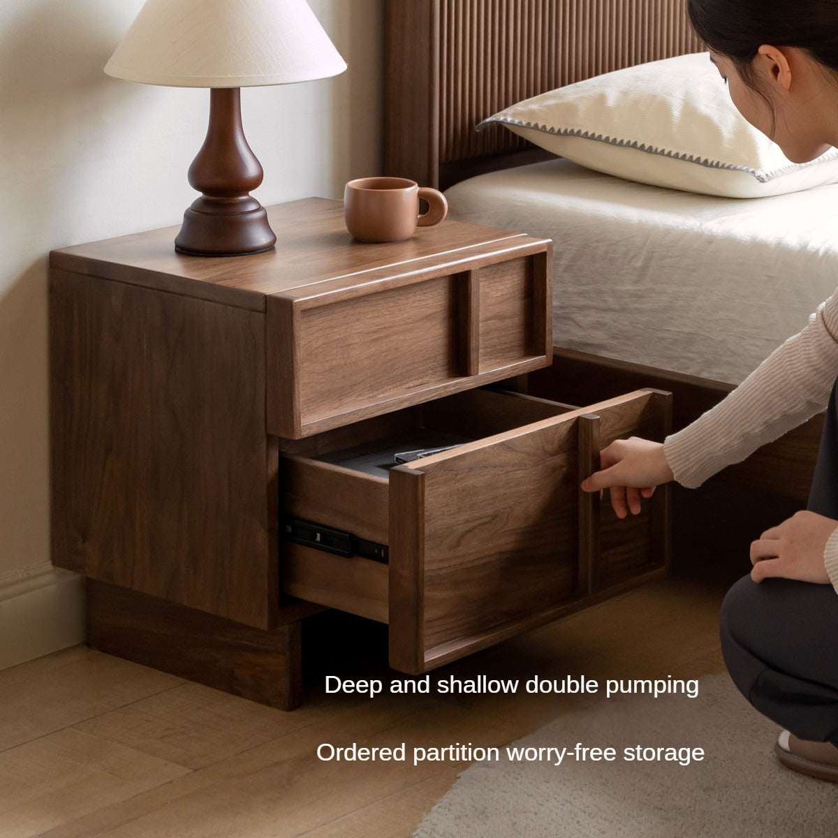 Black Walnut Solid Wood Storage Bedside Nightstand ,