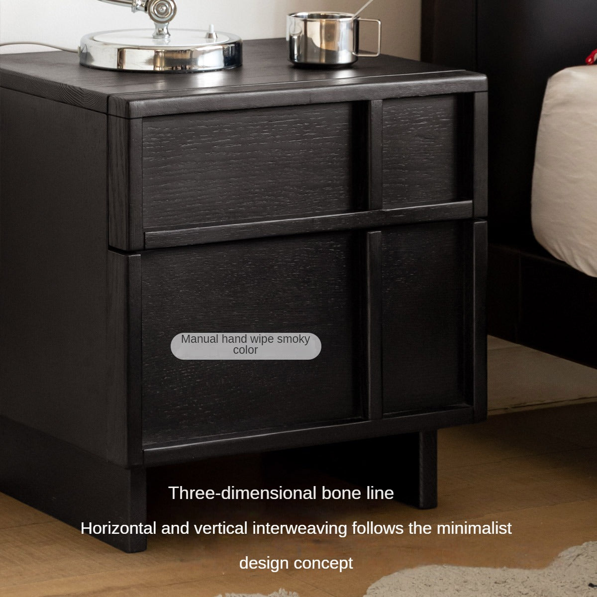 Oak Solid Wood Modern Black Storage Nightstand ,