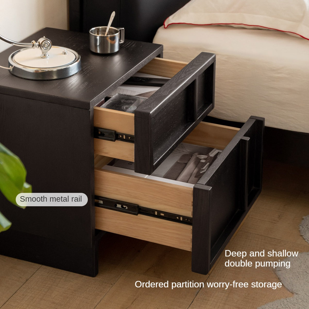 Oak Solid Wood Modern Black Storage Nightstand ,