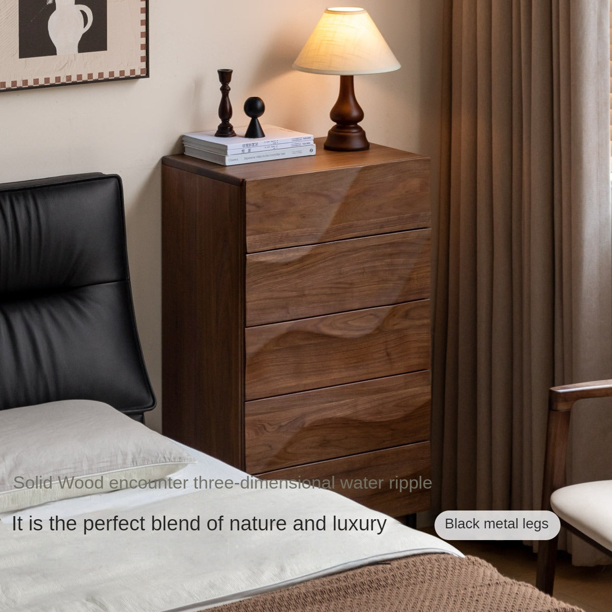 Black Walnut Solid Wood Wave Bedroom Side Cabinet,