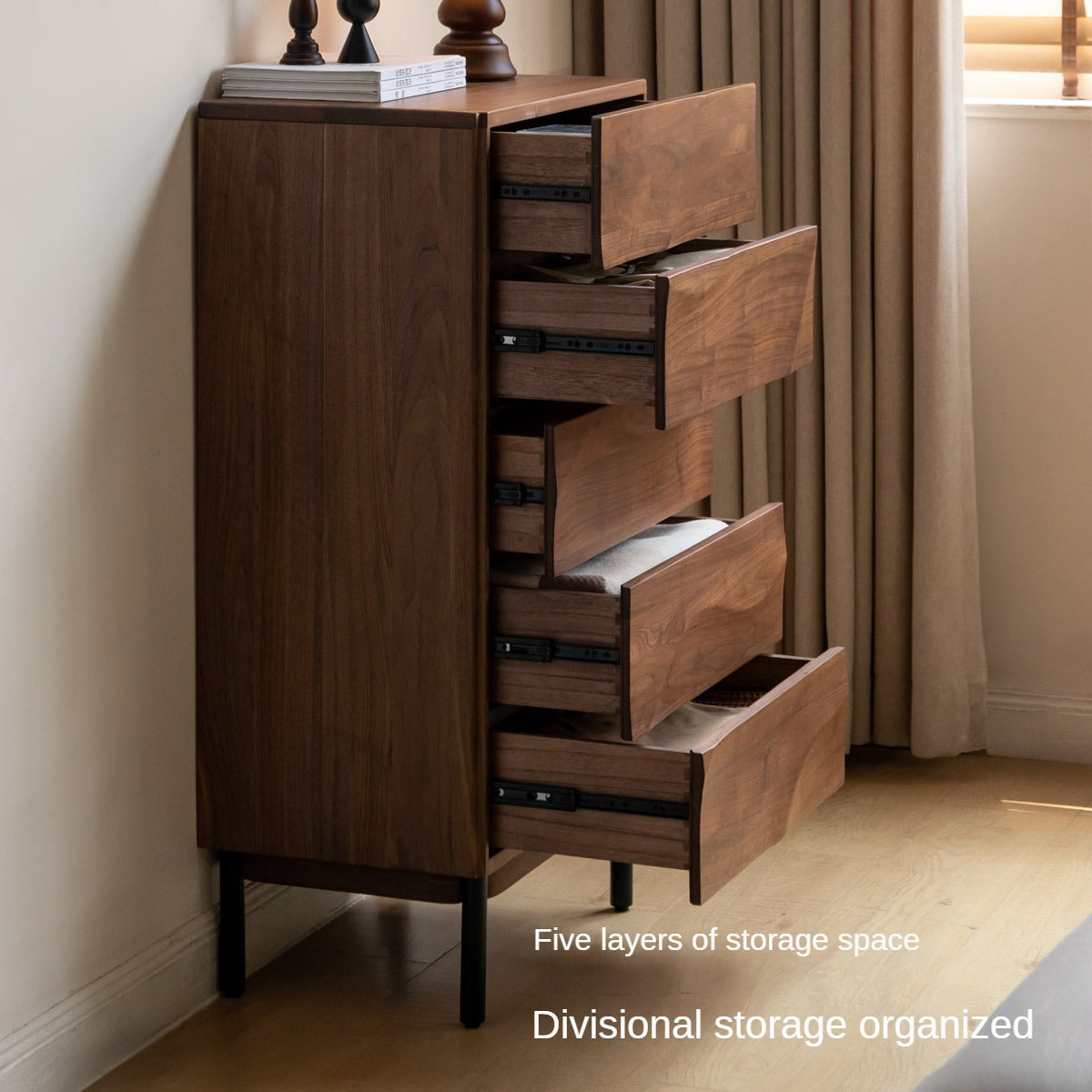 Black Walnut Solid Wood Wave Bedroom Side Cabinet,