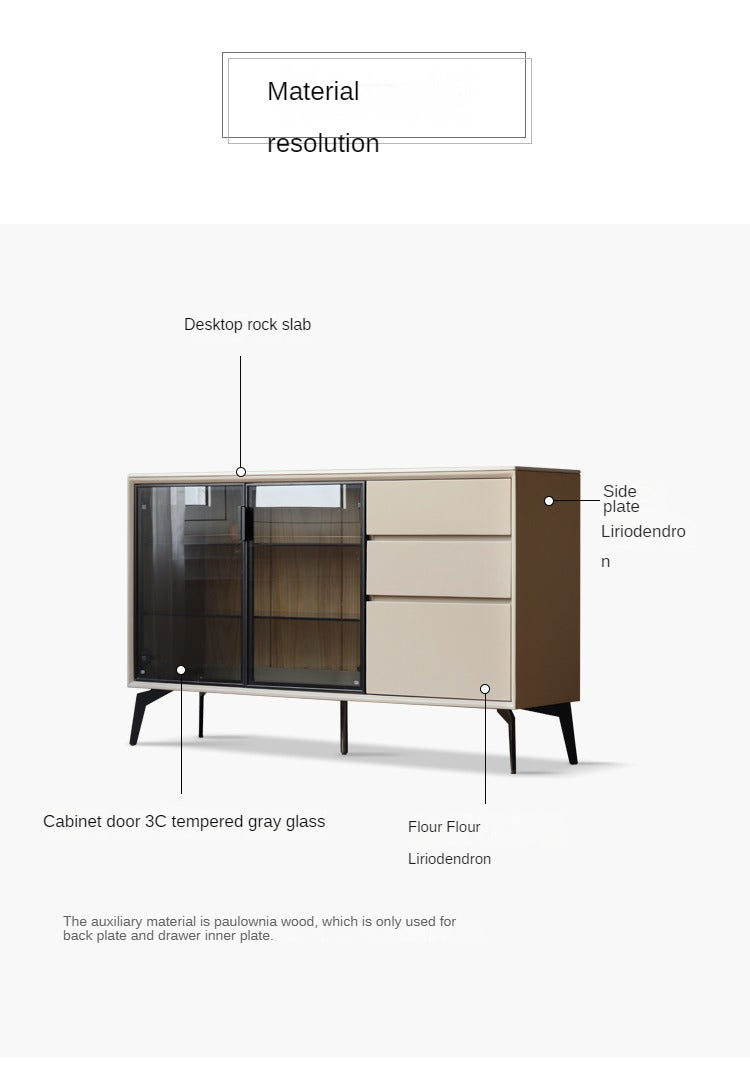 Poplar Solid Wood Rock Board Glass Door Dining Sideboard,