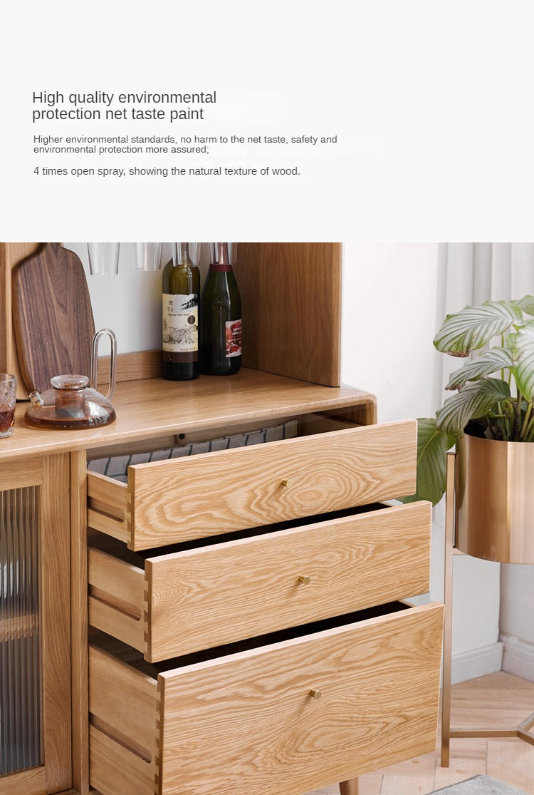 Oak solid wood Nordic sideboard integrated against the wall,