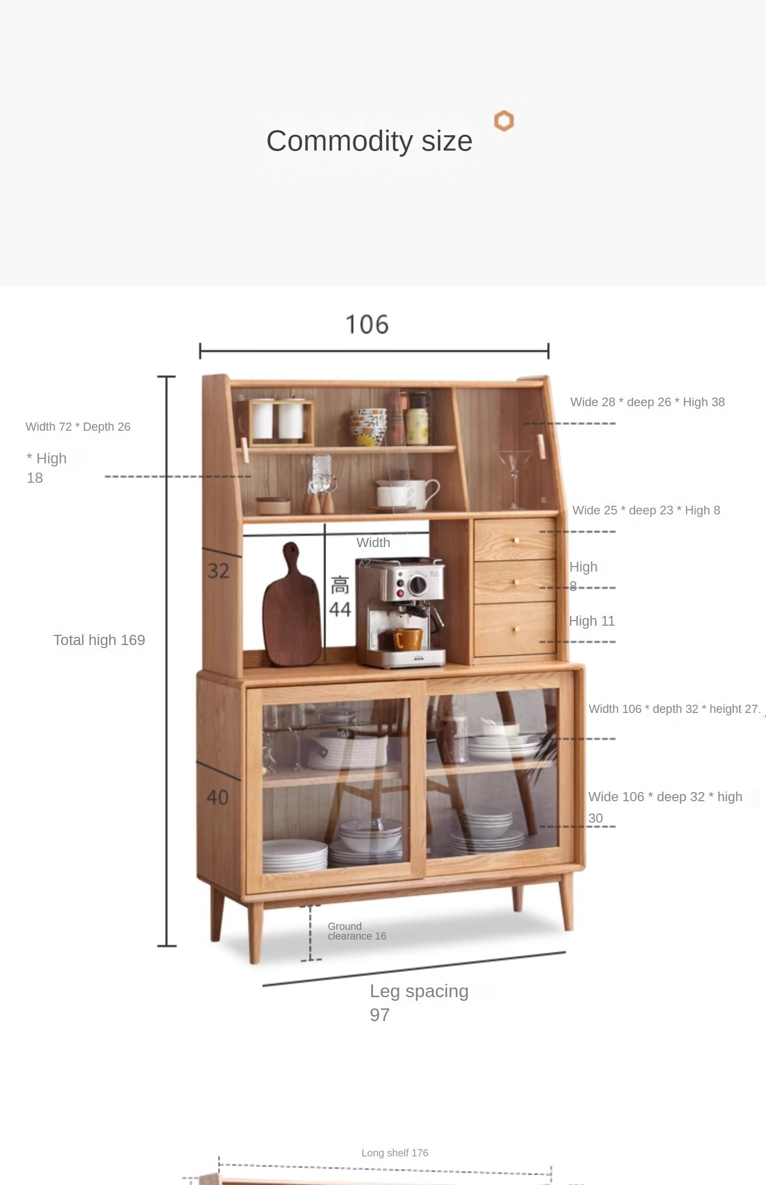 Oak solid wood Nordic sideboard integrated against the wall,