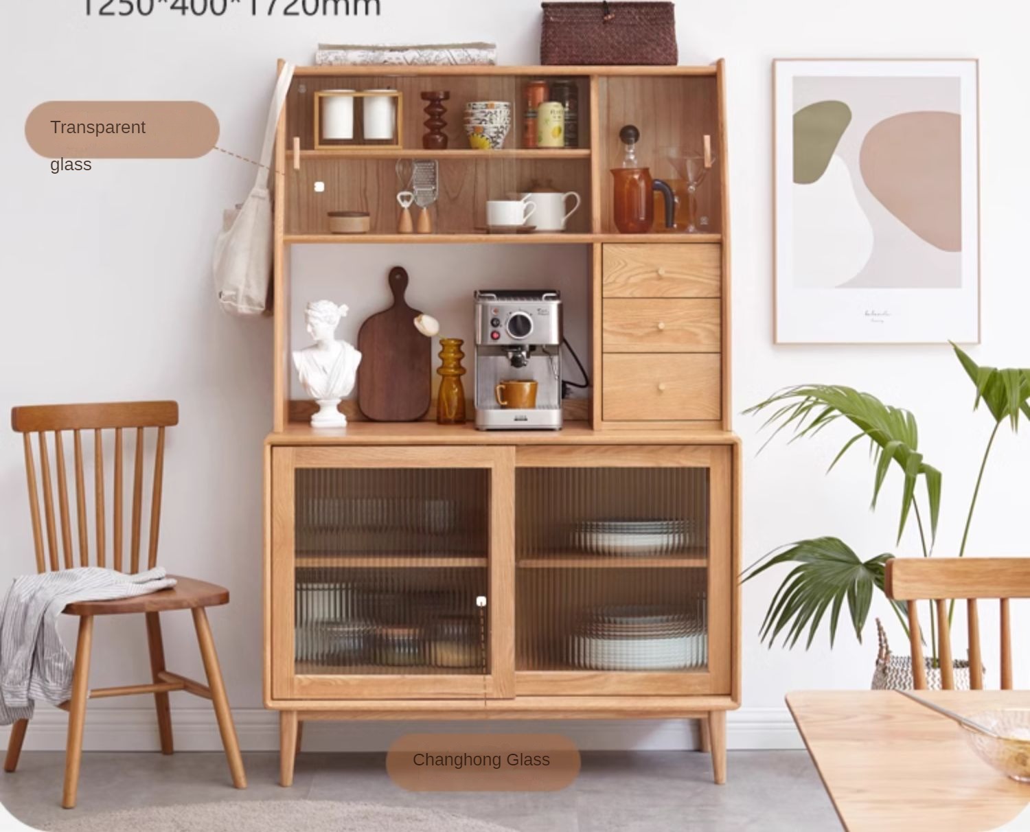 Oak solid wood Nordic sideboard integrated against the wall,