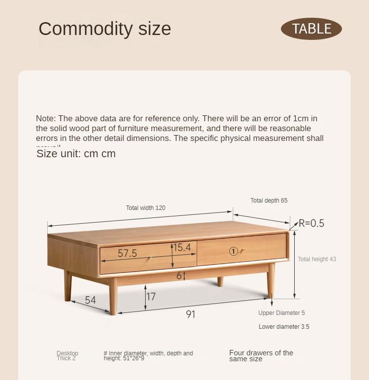 Poplar Solid Wood Modern Rectangular Tea Table with Drawer,