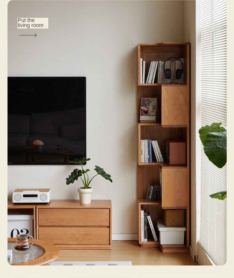 Cherry Solid Wood Corner Bookcase Floor Storage Cabinet<