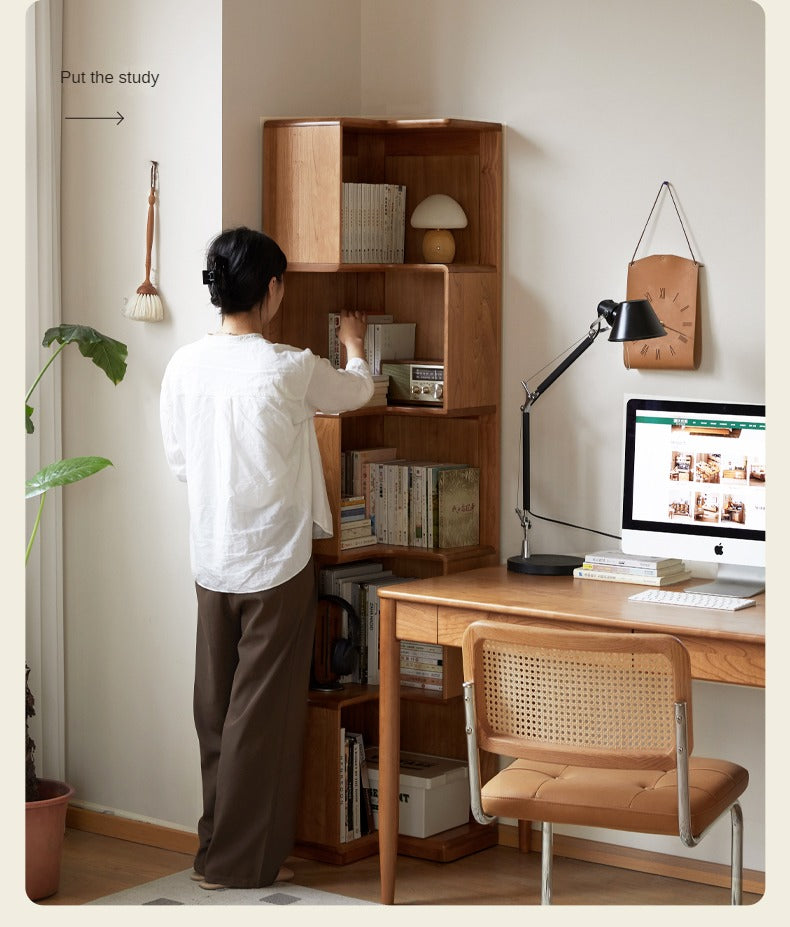 Cherry Solid Wood Corner Bookcase Floor Storage Cabinet<