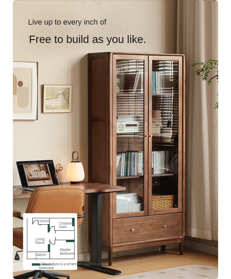 Black Walnut solid wood bookcase with glass door<