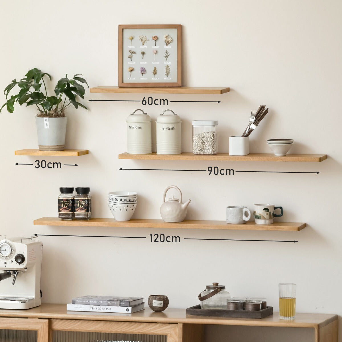 Oak, Black walnut Solid Wood Wall Shelf: