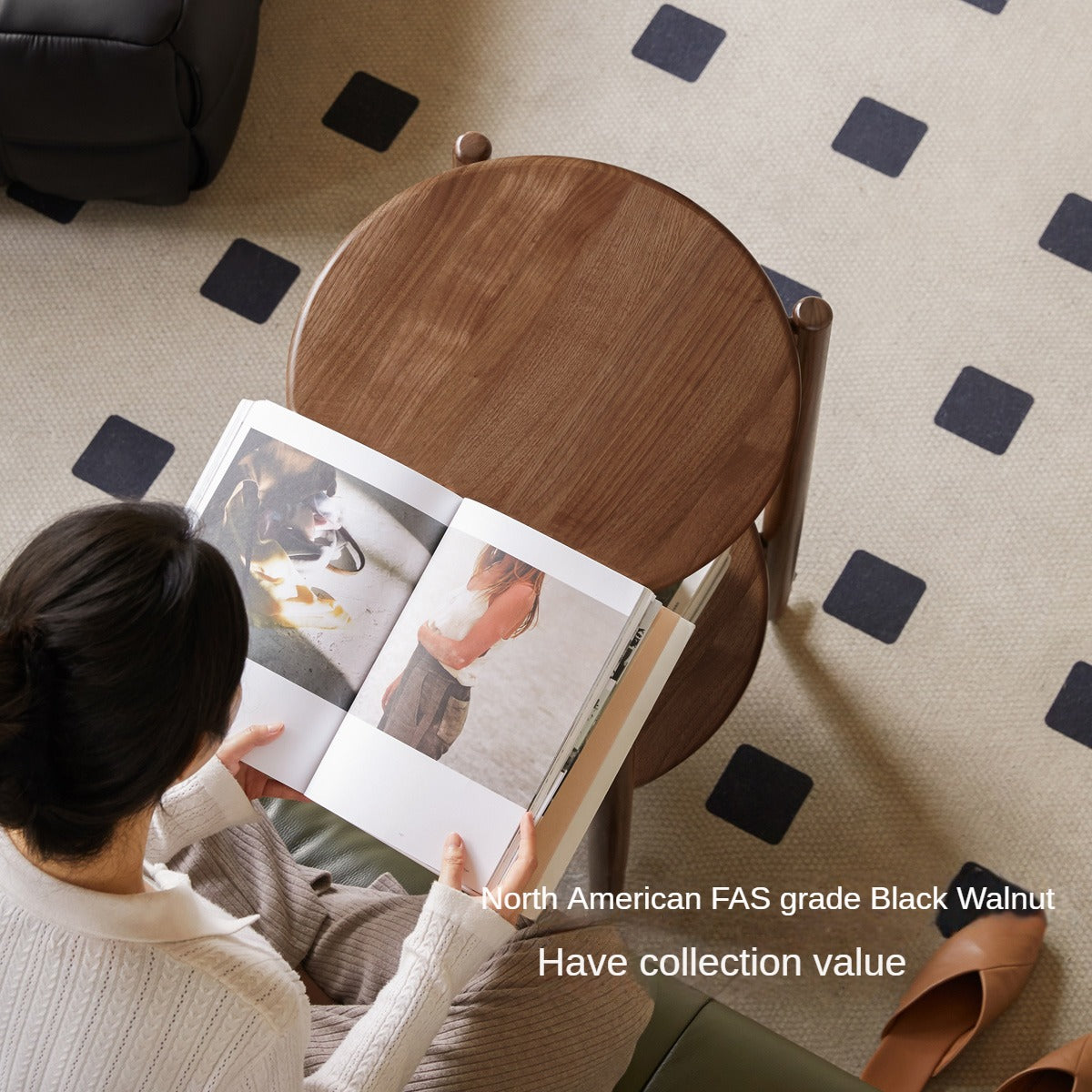 Black Walnut Solid Wood Round Side Table Living Room