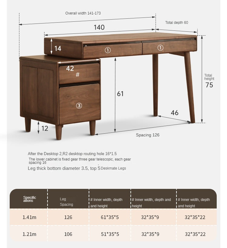 Black walnut solid wood integrated desk with drawer