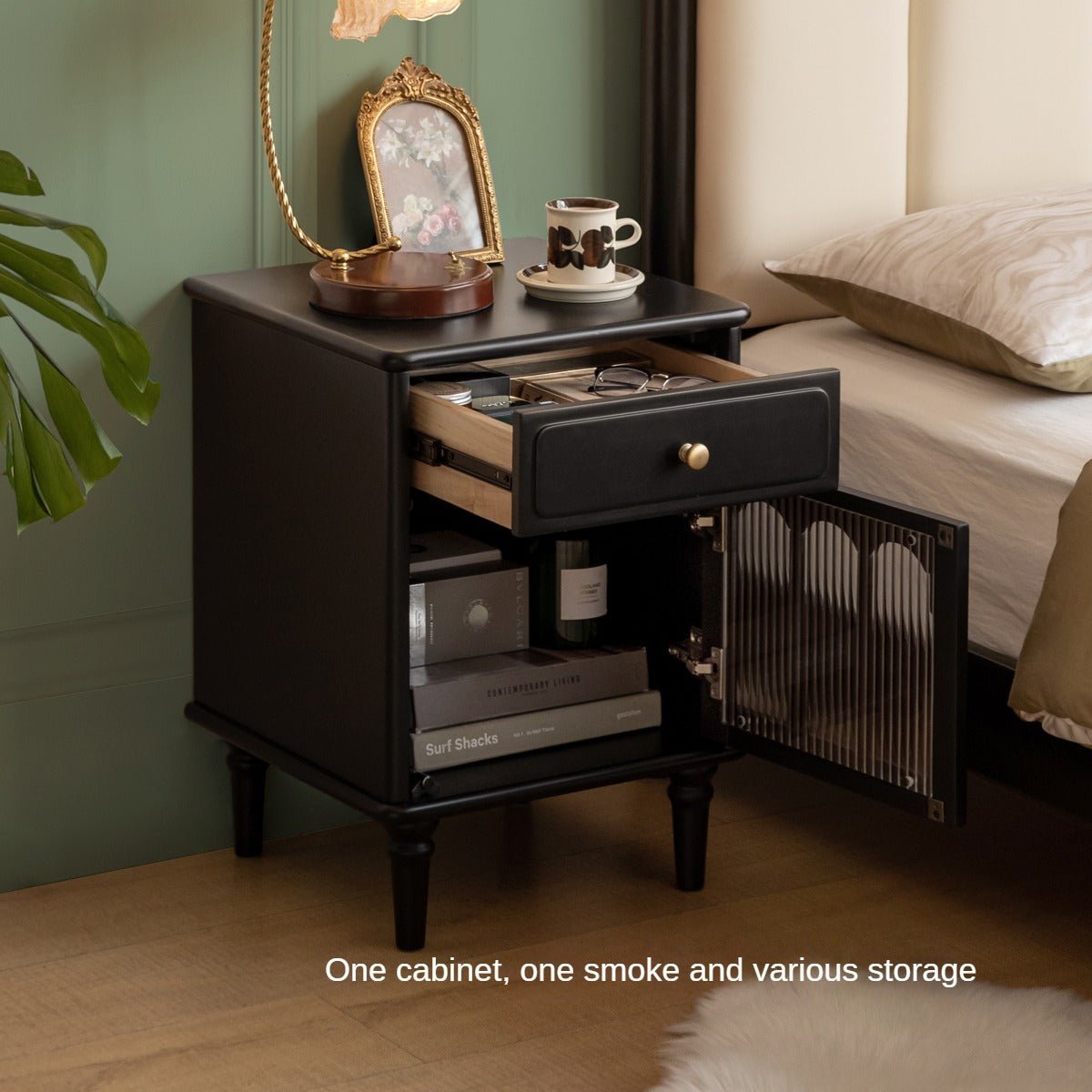 Poplar Solid Wood French Retro Style Black Nightstand