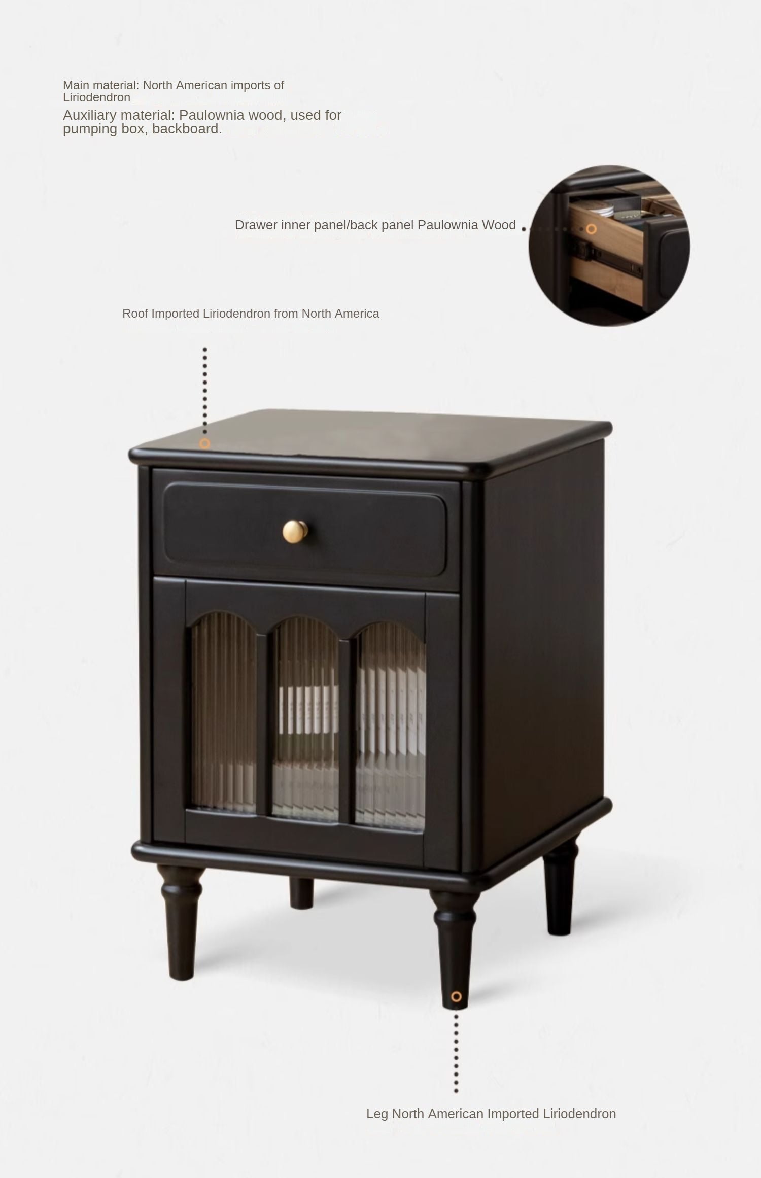 Poplar Solid Wood French Retro Style Black Nightstand