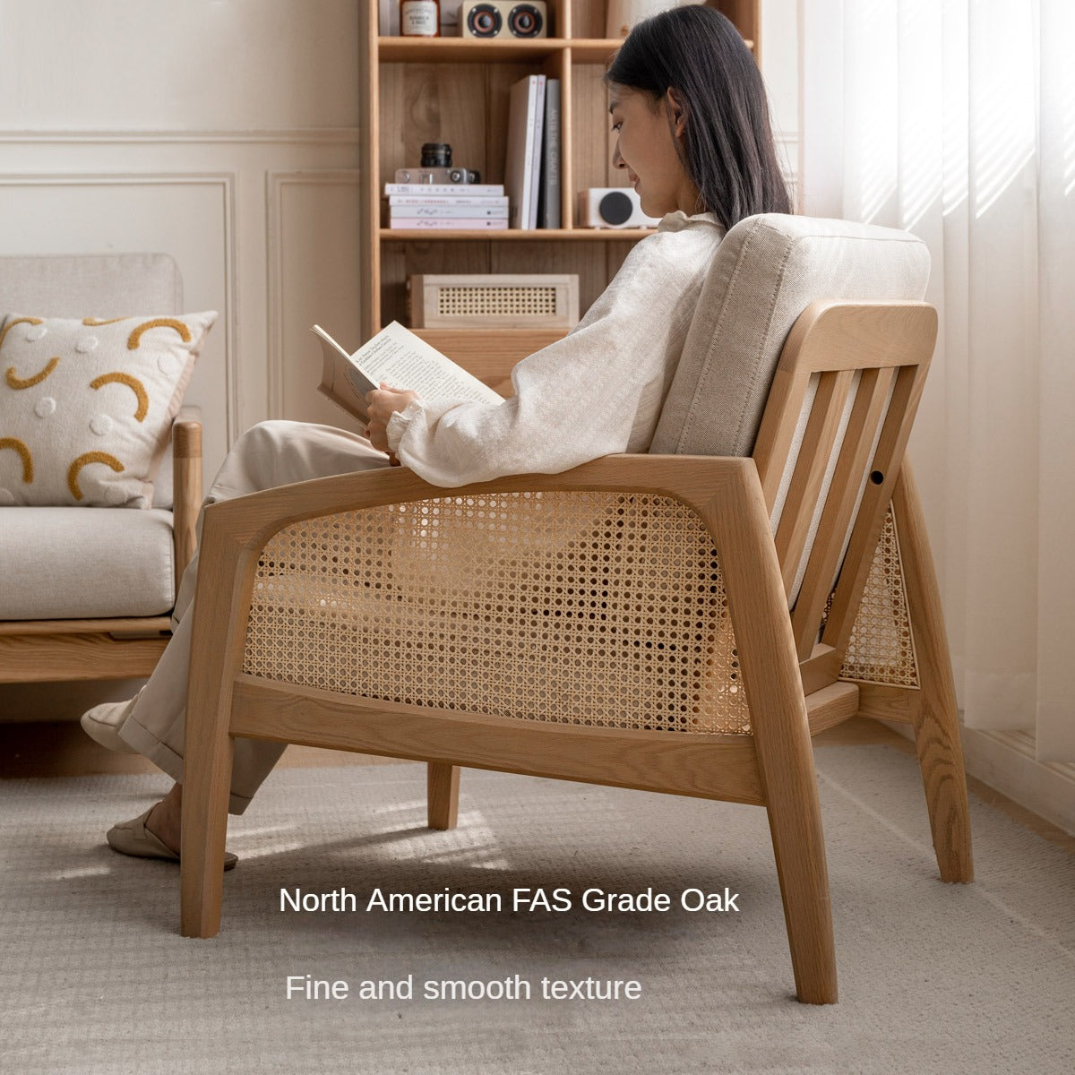 Oak Solid Wood Milky Skin Tone Armchair Rattan