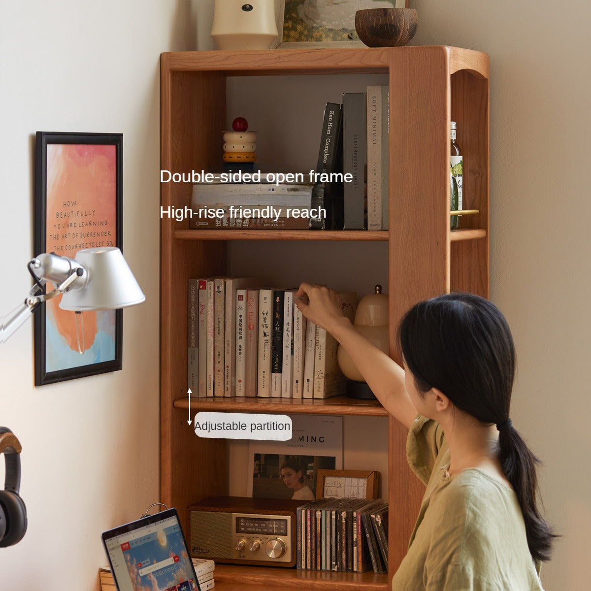 Cherry solid wood bookcase with drawer