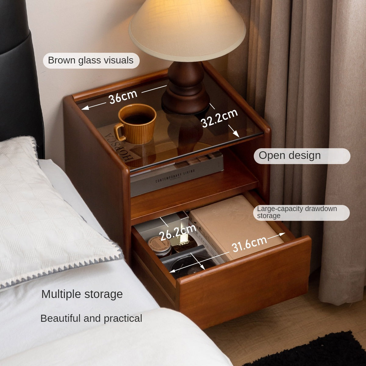 Poplar Solid Wood Glass Teak Color Nightstand