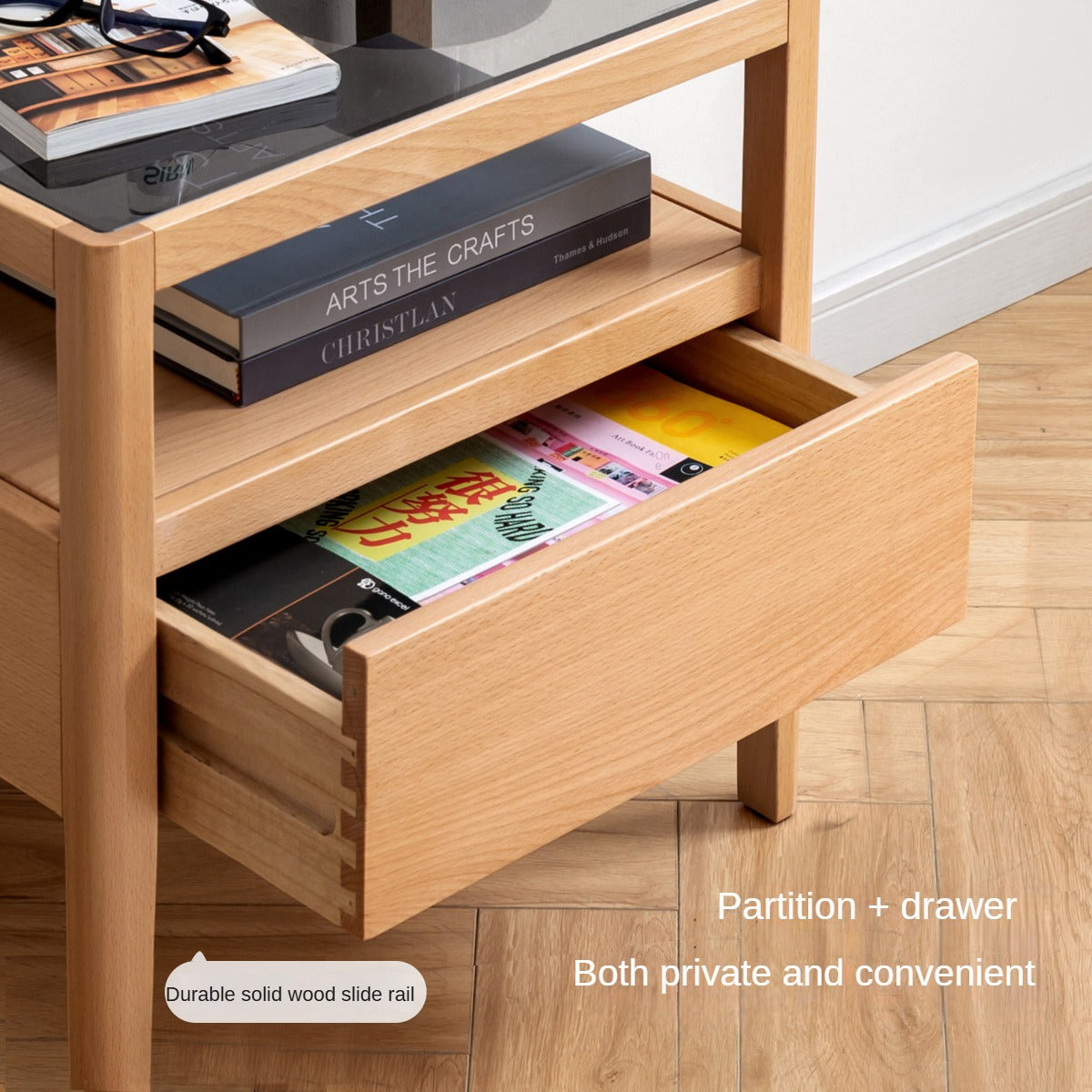 Beech solid wood bedside storage, small side table.