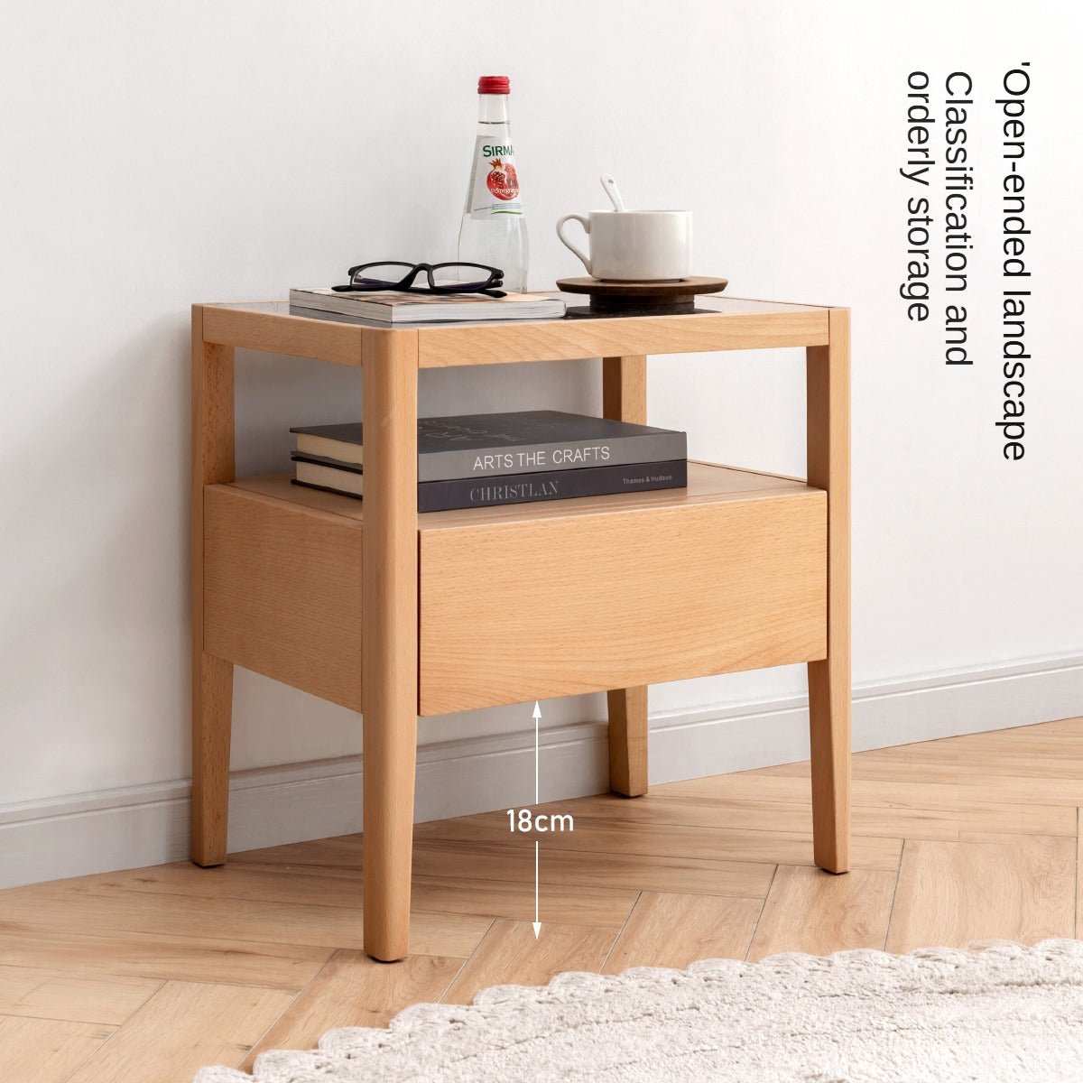 Beech solid wood bedside storage, small side table.