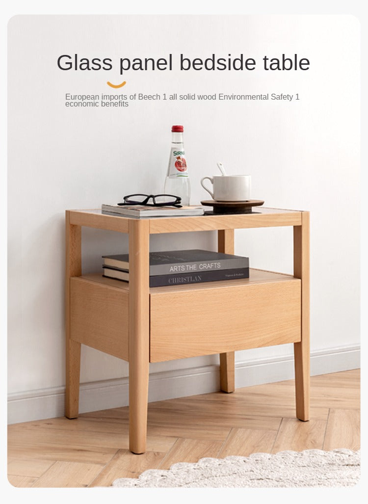 Beech solid wood bedside storage, small side table.